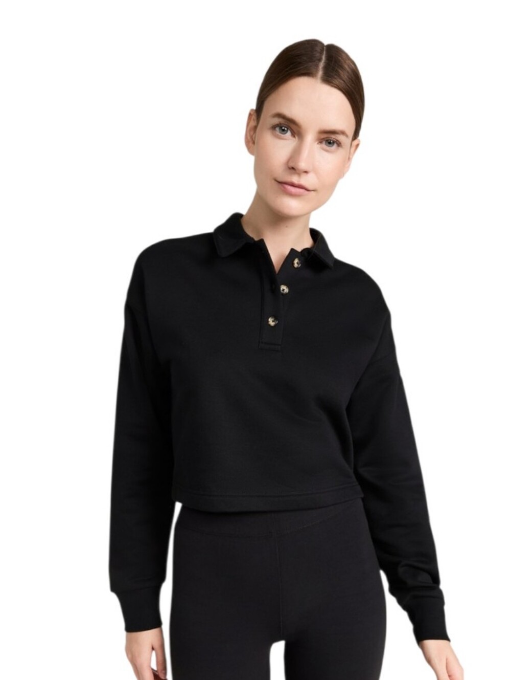 ALO Yoga Black Cropped Henley Polo Sweatshirt Pullover Size M